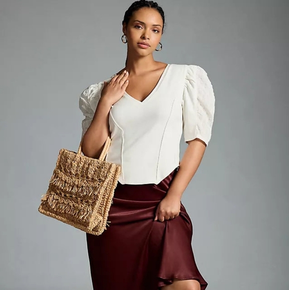 By Anthropologie Puff-Sleeve Structured V-Neck Tee Blouse Top in White Size LG - Picture 2 of 12